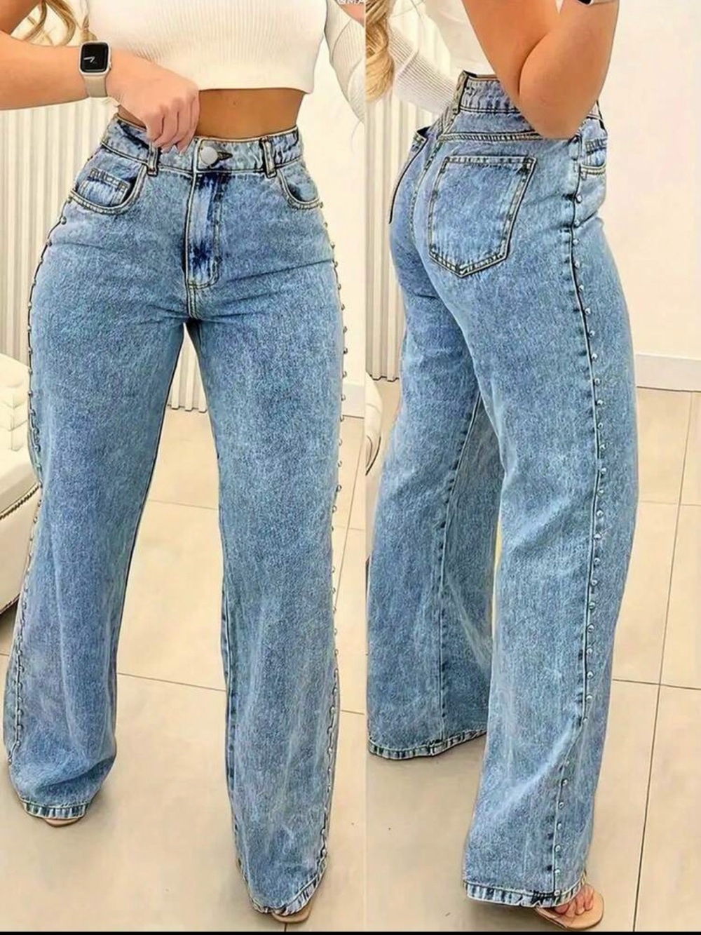 NWT High-Waist Light Blue  studded Jeans | medium